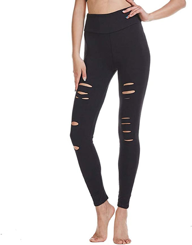 Womens High Waist Yoga Pants Cutout Ripped Tummy Control Leggings